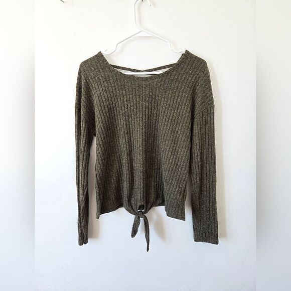 Green Ribknit Top Corset Tie Strappy Shirt Hippie Gypsy Casual Neutral Earthy - Picture 9 of 10